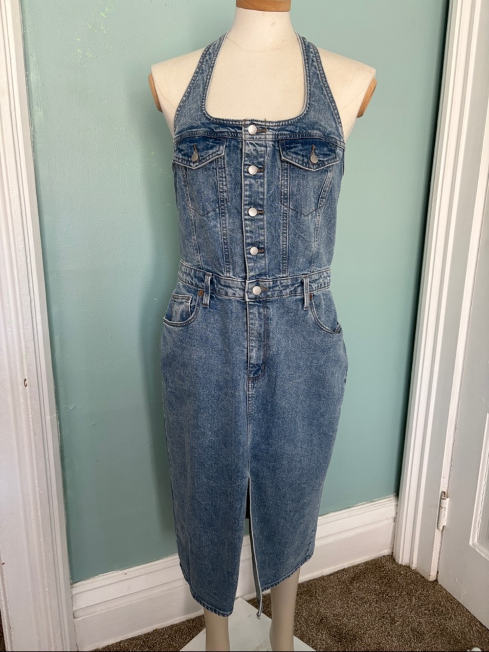 Universal Thread Blue Denim Halter Midi Overall Dress